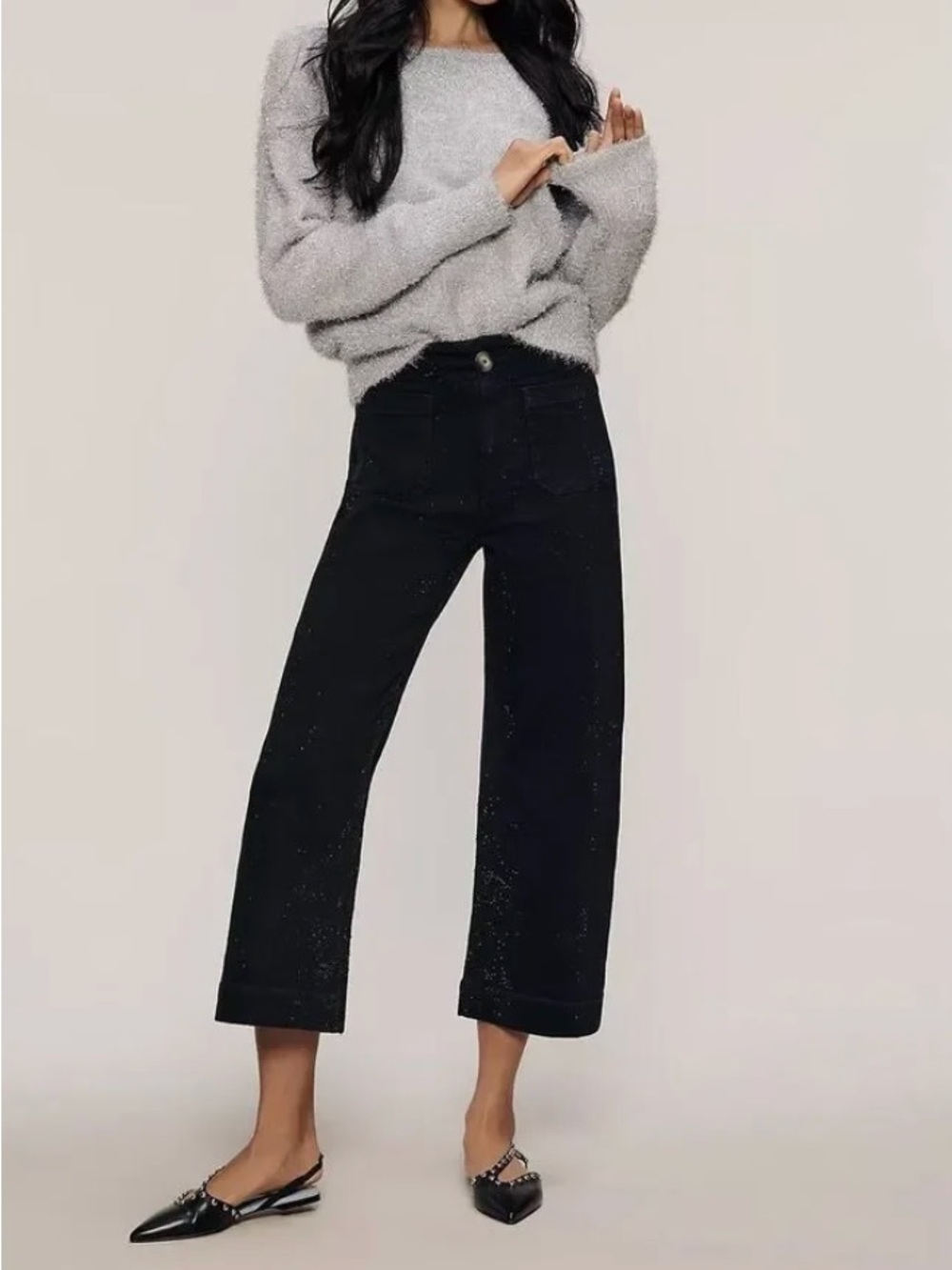 Anthropologie Maeve Colette Wide-Leg Crop pants in Black w/ Rhinestones size 33